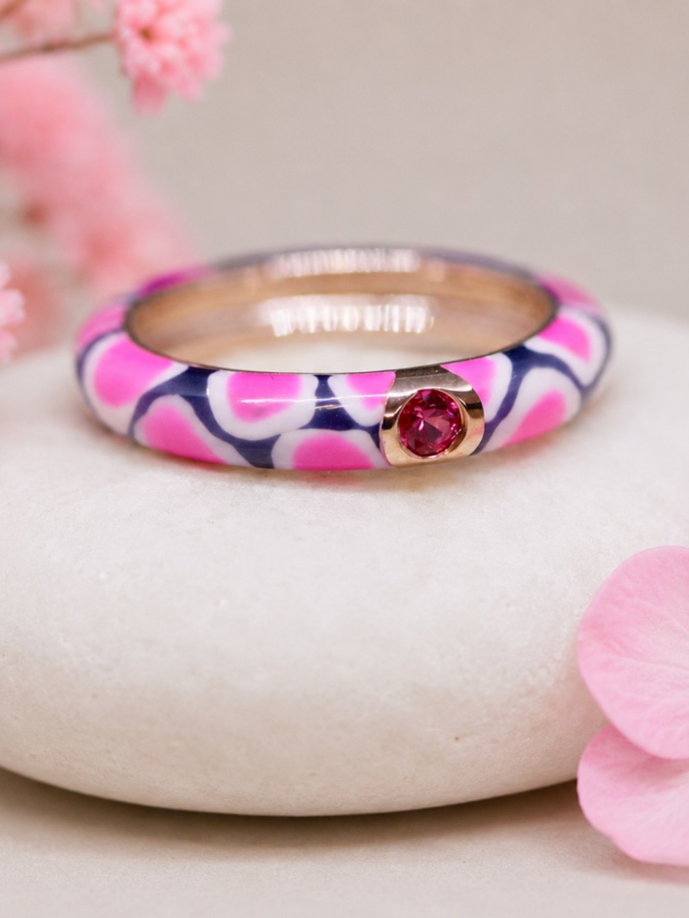 Leopard Print Pink Enamel Band 14k Rose Vermeil Pink Sapphire | Last One 8 1/2